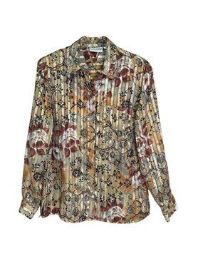 Vintage Alfred Dunner Sheer Floral Blouse Metallic Stripe 12